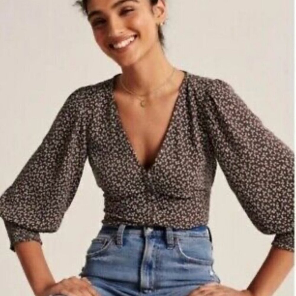 Abercrombie & Fitch Brown White Floral Button Up Puff Sleeve Cropped Top